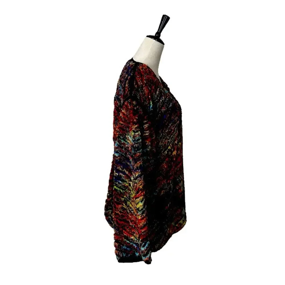 Yak Magik Sweater Cardigan Open Front Black Orange Multi Women’s Size Medium